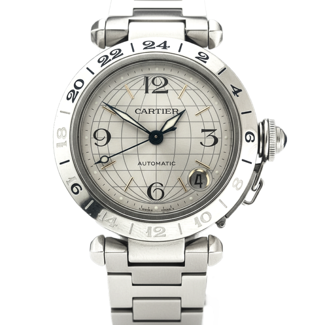 Cartier 35mm de Pasha C GMT 2377 W31029M7 Silver Globe Grid Dial Auto