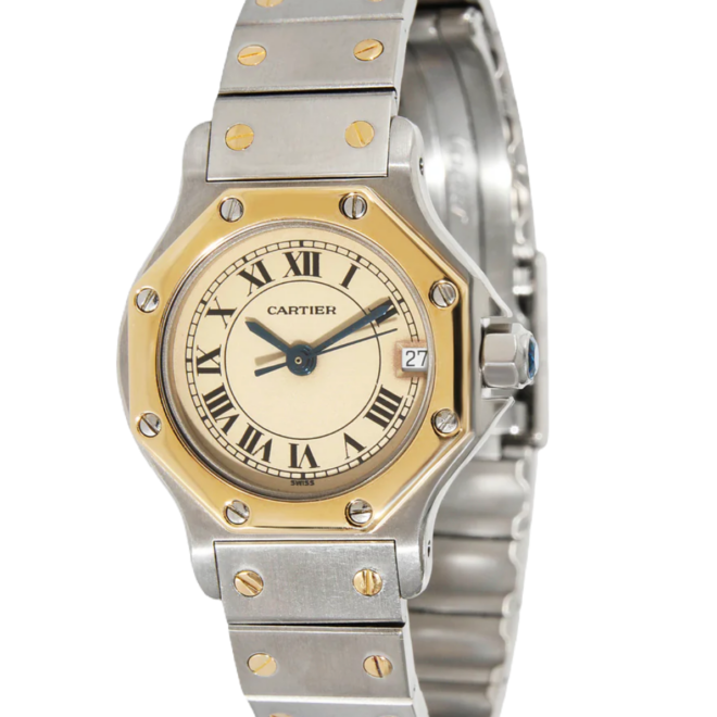 Cartier 24mm 187903 Santos Octagon Date 18k Yellow Gold & Steel Quartz