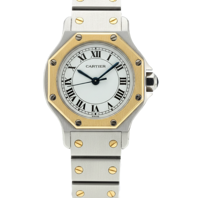 Cartier 24mm 0907 Santos Octagon 18k Yellow Gold & SS White Roman Dial Automatic