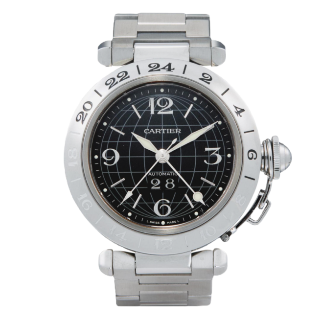 Cartier 35mm GMT Pasha C BIG DATE #2550 #W31049M7 Black Globe Dial Automatic