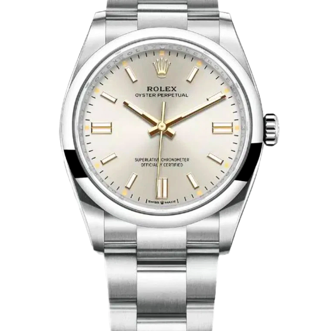 Rolex 36mm 126000 Oyster Perpetual Gold Sticks & Hands Silver Dial