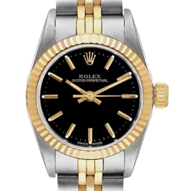 Rolex 26mm 67193 Oyster Perpetual 18k Solid Yellow Gold & Steel Black Dial Auto