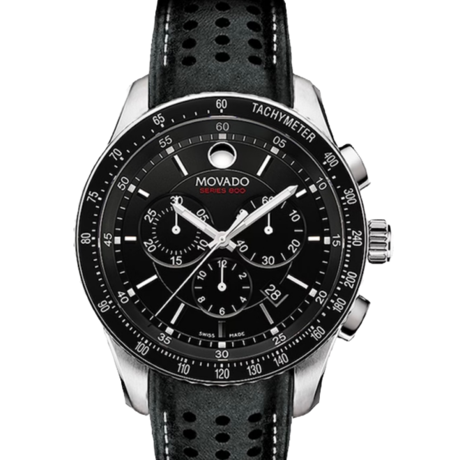 MOVADO 42mm 2600096 Series 800 Quartz Chronograph Black Dial Leather