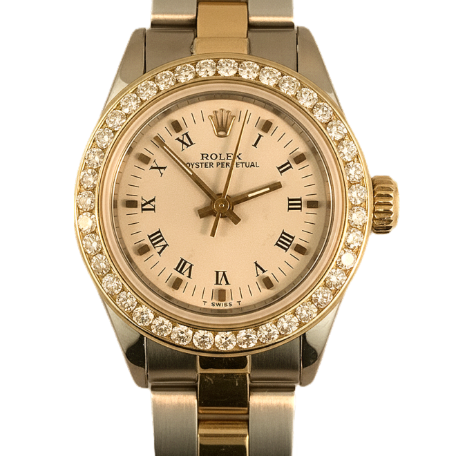 Rolex 26mm Oyster Perpetual 6719 White Roman 18k Gold Diamond Bezel