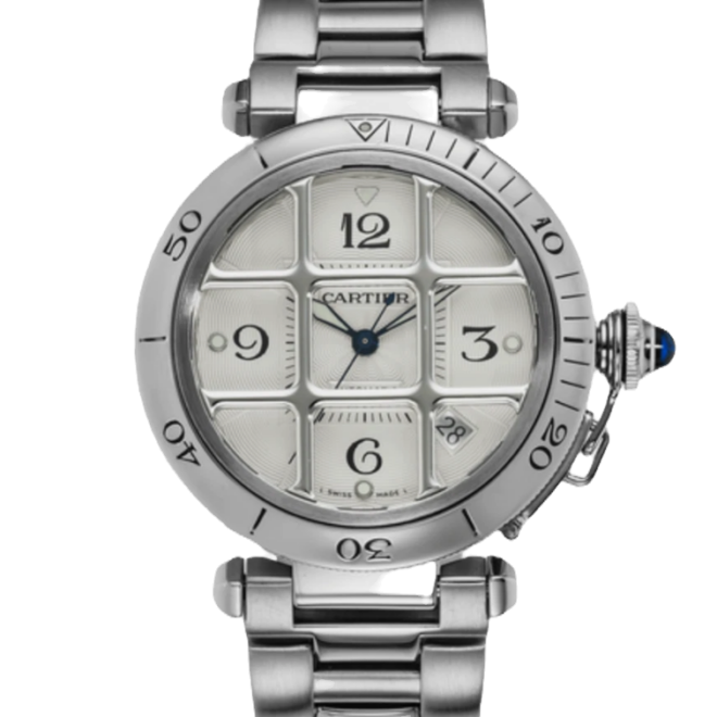 Cartier Pasha 38mm Silver Steel Grid Grill Date Automatic Skeleton 2379 Mint
