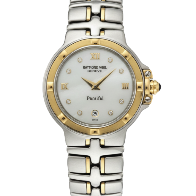 Raymond Weil 28mm Parsifal MOP Diamond Dial 9990 Quartz Steel & 18k Yellow Gold