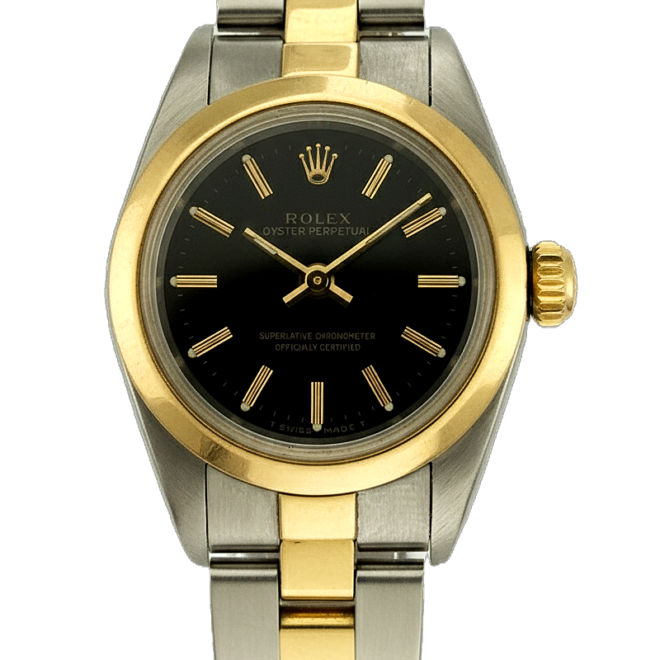 Rolex Ladies #67183 Oyster 24mm Perpetual Automatic Black Dial 18K Yellow Gold