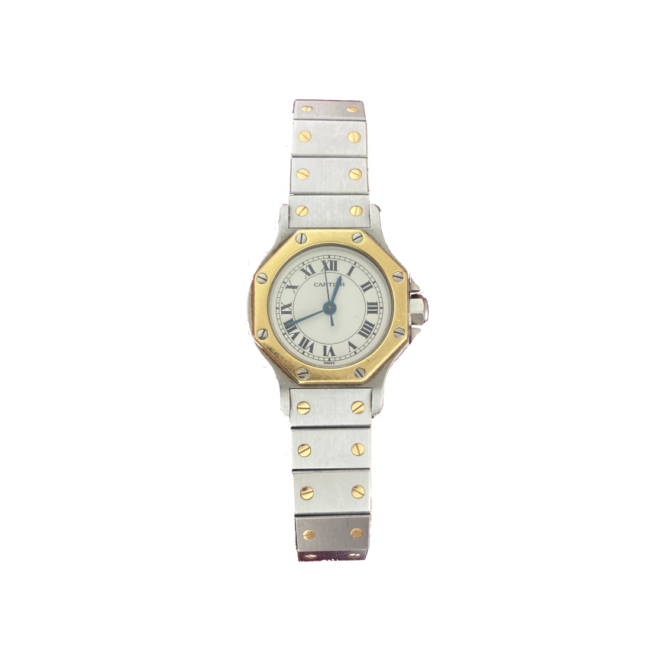 Cartier 24mm 0907 Santos Octagon 18k Yellow Gold & SS White Roman Dial Automatic
